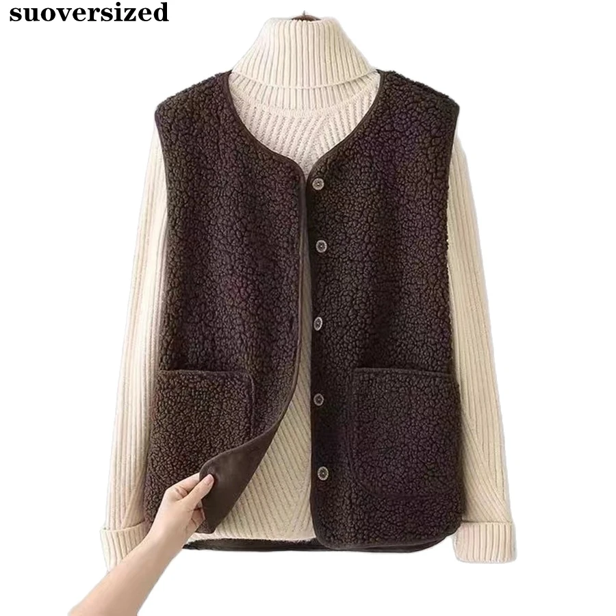 Solid Faux Fleece Cropped Vests Spring Women Classic Teddy Coat Casual Loose Sleeveless Jackets Streetwear Fashion Chalecos 2023 oversized 5xl winter cropped vest thicken cotton padded waistcoat korean fashion sleeveless jackets warm snow wear women chaleco