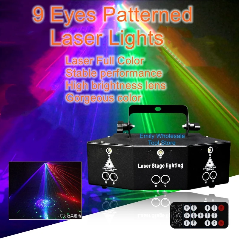 Laser nine eyes laser lights stage lights bar ktv flash colorful rotating bungee Christmas star atmosphere lights led colorful rotating laser stage lighting white snowflake blizzard rotating projection lamp stage lights