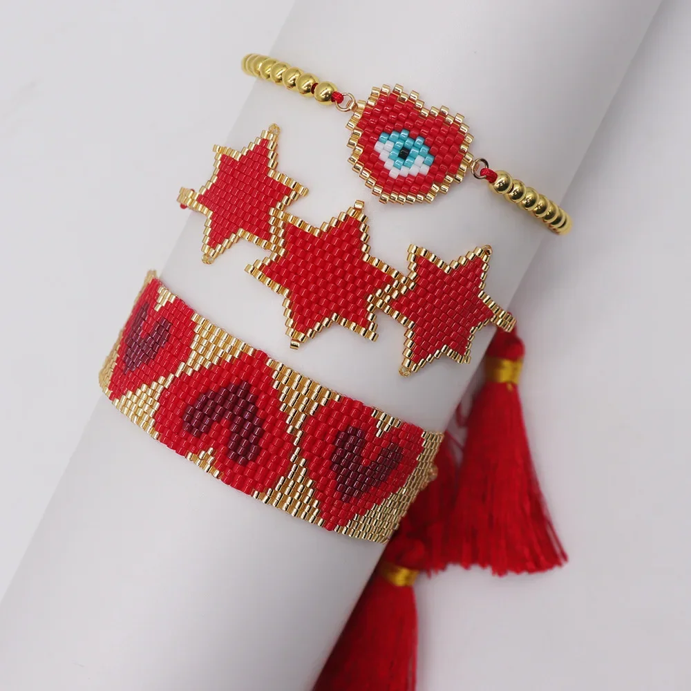 

Rice Ball Bracelet Hand woven Evil Eyes fashion red five-pointed star Bohemia Adjustable Unisex Beaded Bracelet