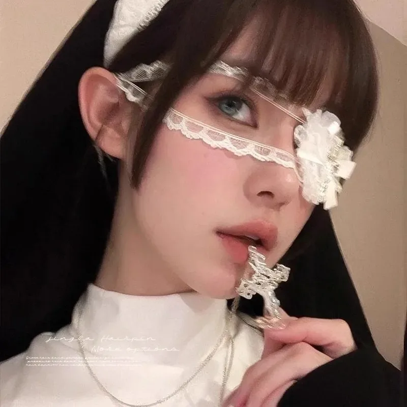 Sweet Cool Black White Lace Bows Heart Cross Eye Mask for Women Girls Subculture Lolita Dark Gothic Cosplay Party Accessories