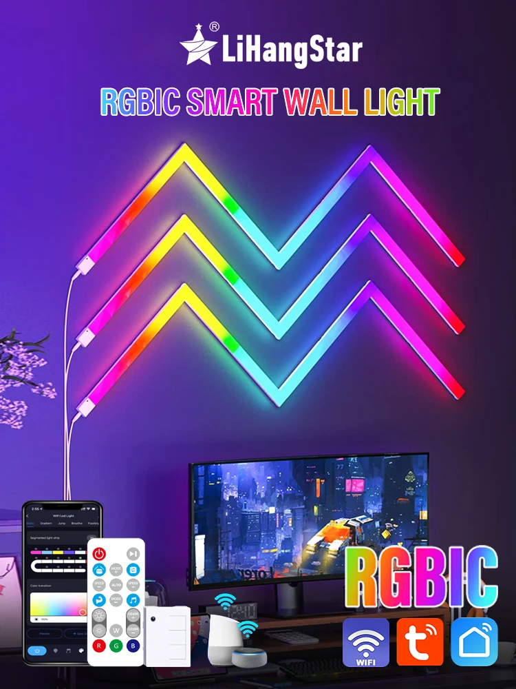 LED Smart Wall Light RGBIC Ambient Night Light WIFI APP Music  Synchronization DIY Light Bar for TV Bedroom Game Room Decoration