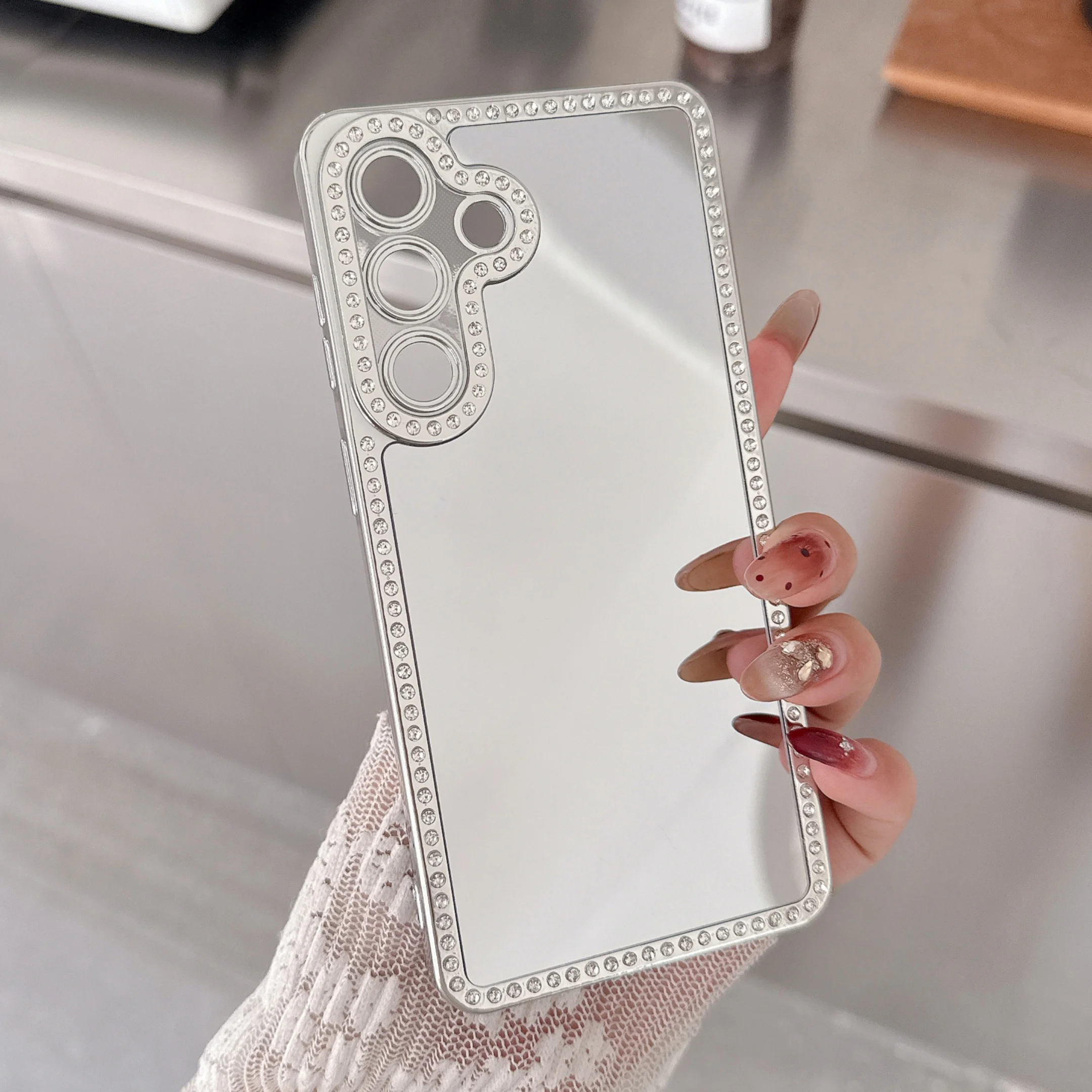 Luxuriöse Handyhülle mit Diamant-Schminkspiegel für Samsung S26, S25, S23, S24 Ultra Plus, stoßfeste Acryl-Schutzhülle_voghion.com