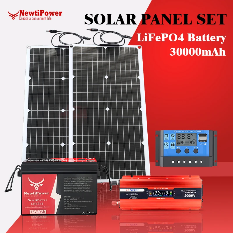 2000W Off-Grid Solar CompleteKit Power w/100A MPPT Controller, 110V 220V อินเวอร์เตอร์ & 10AH 30AH LiFePO4 แบตเตอรี่สําหรับ Home/RV/Camping 1