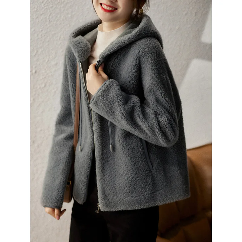 

2023 New Fashion Women Jacket Wool Particle Hooded Loose Female Parkas Thicken Warm Gray Short Winter Coat
