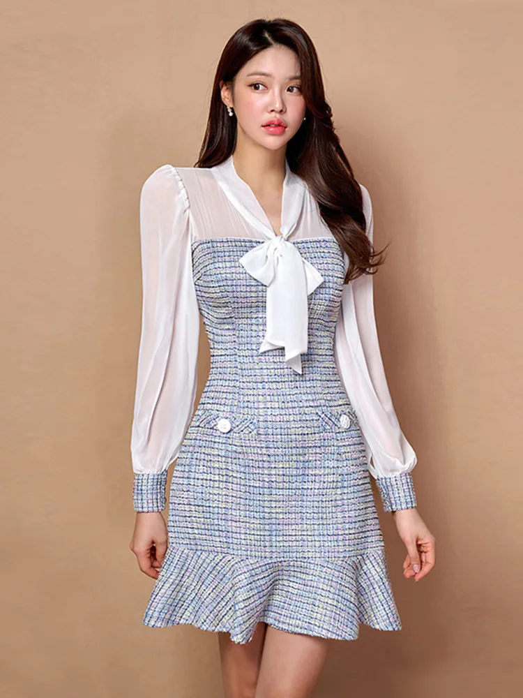 Korean-Fashion-Autumn-Winter-Patchwork-Lace-Up-Bow-Elegant-Short-Dress ...