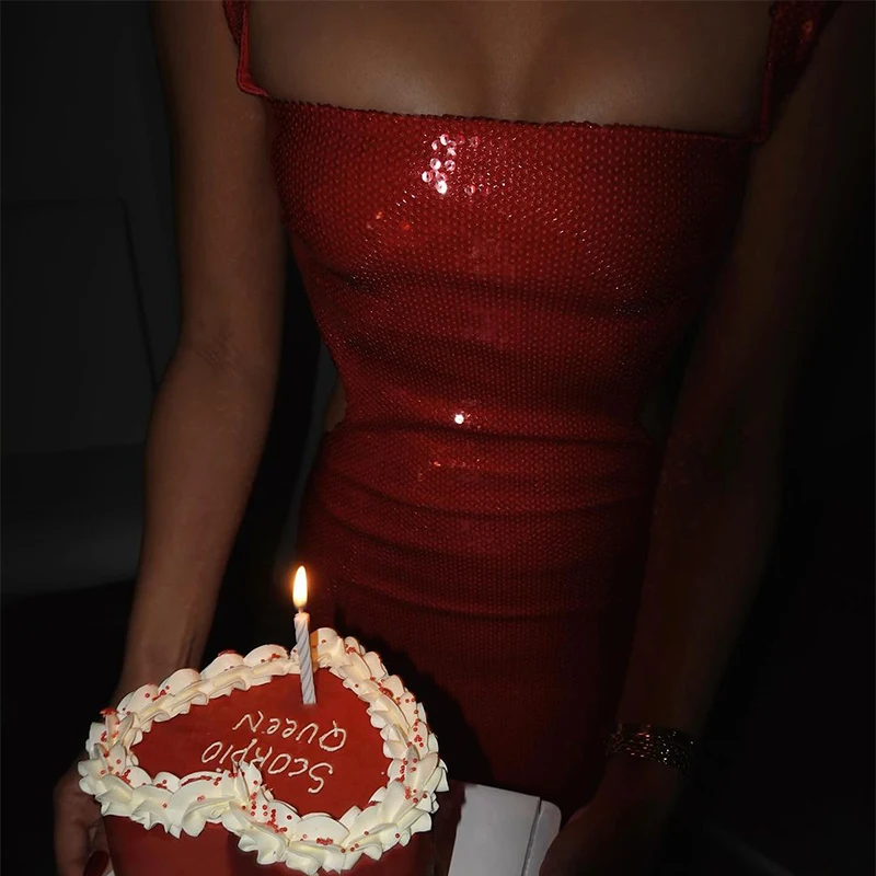 Sexy Square Neck Sling Long Dress Women Shinny Backless Hollow Out Sleeveless Slim Maxi Dresses New Lady Party Club Gowns ﻿