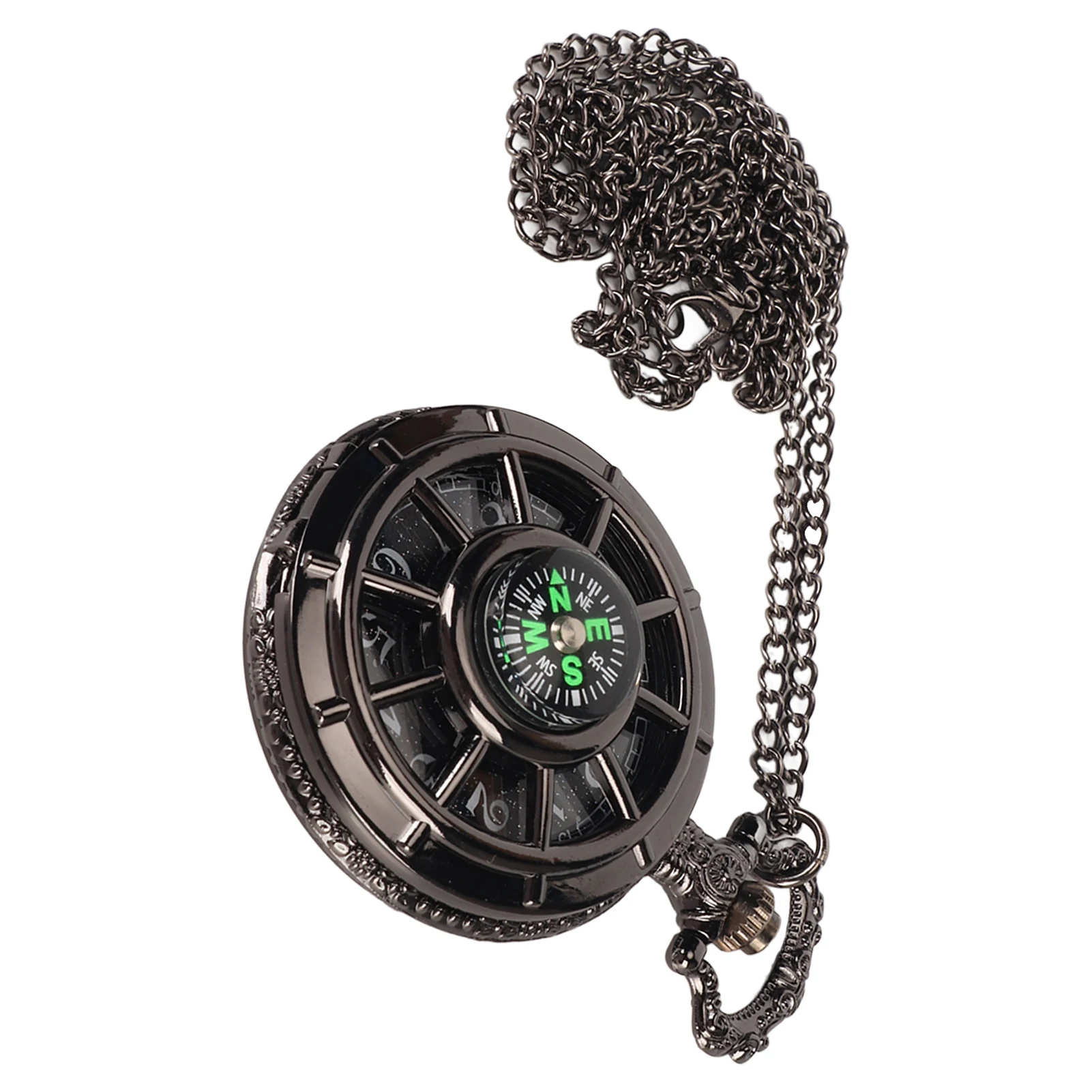 

Quartz Pocket Watch Alloy Compass Men Pocket Watch Vintage Accurate Time Hollow Out Dial Black with Chain for Daily Use