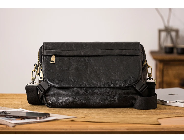 Organisatoren Designer handgemachte pflanzlich gegerbte Rindsleder Männer Umhängetasche Mode Persönlichkeit echtes Leder schwarze Umhängetasche – Detail 1