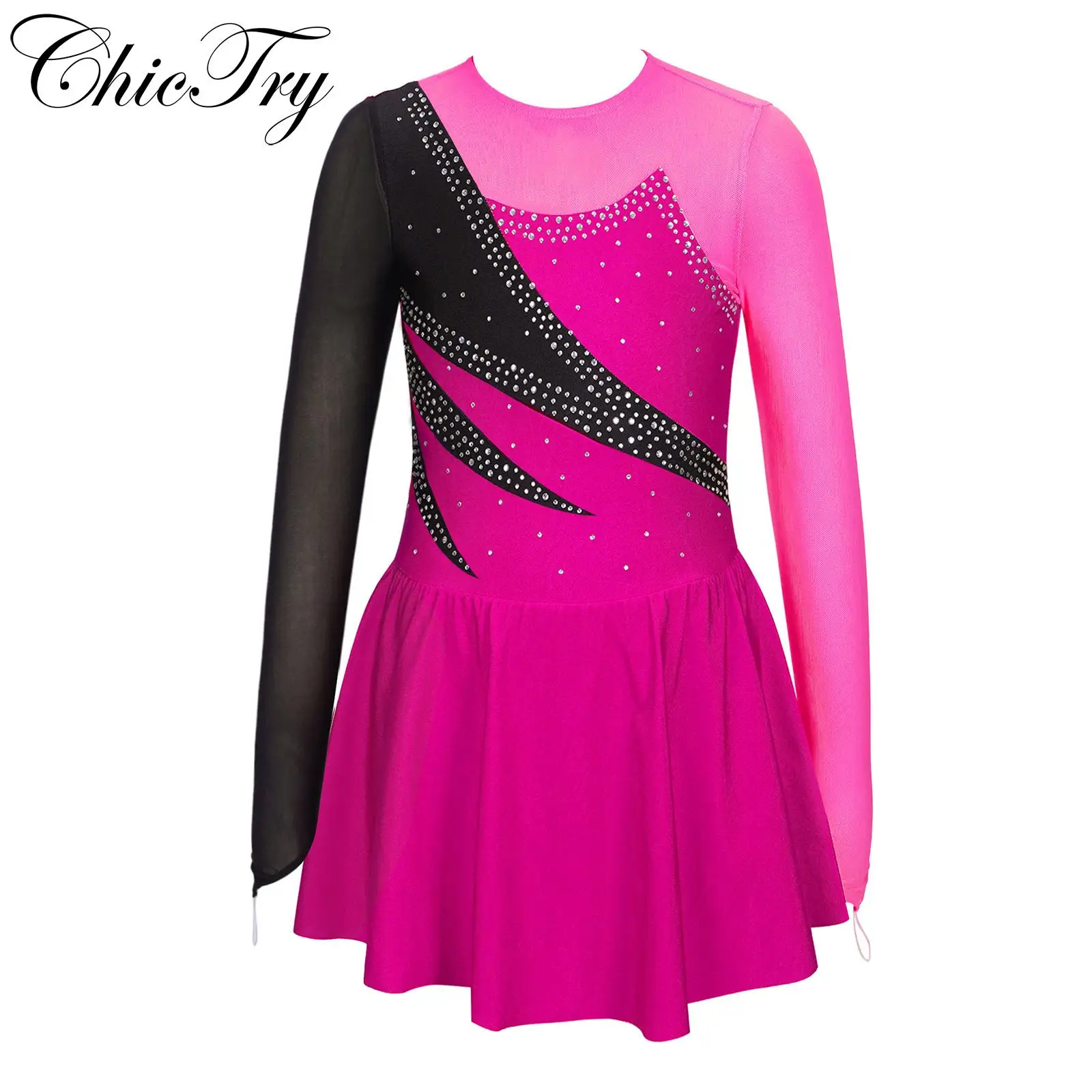 

Girls Ballet Tutu Dress Long Sleeve Rhinestone Hollow Back Figure Ice Skating Gymnastics Workout Dancewear for Stage Performance