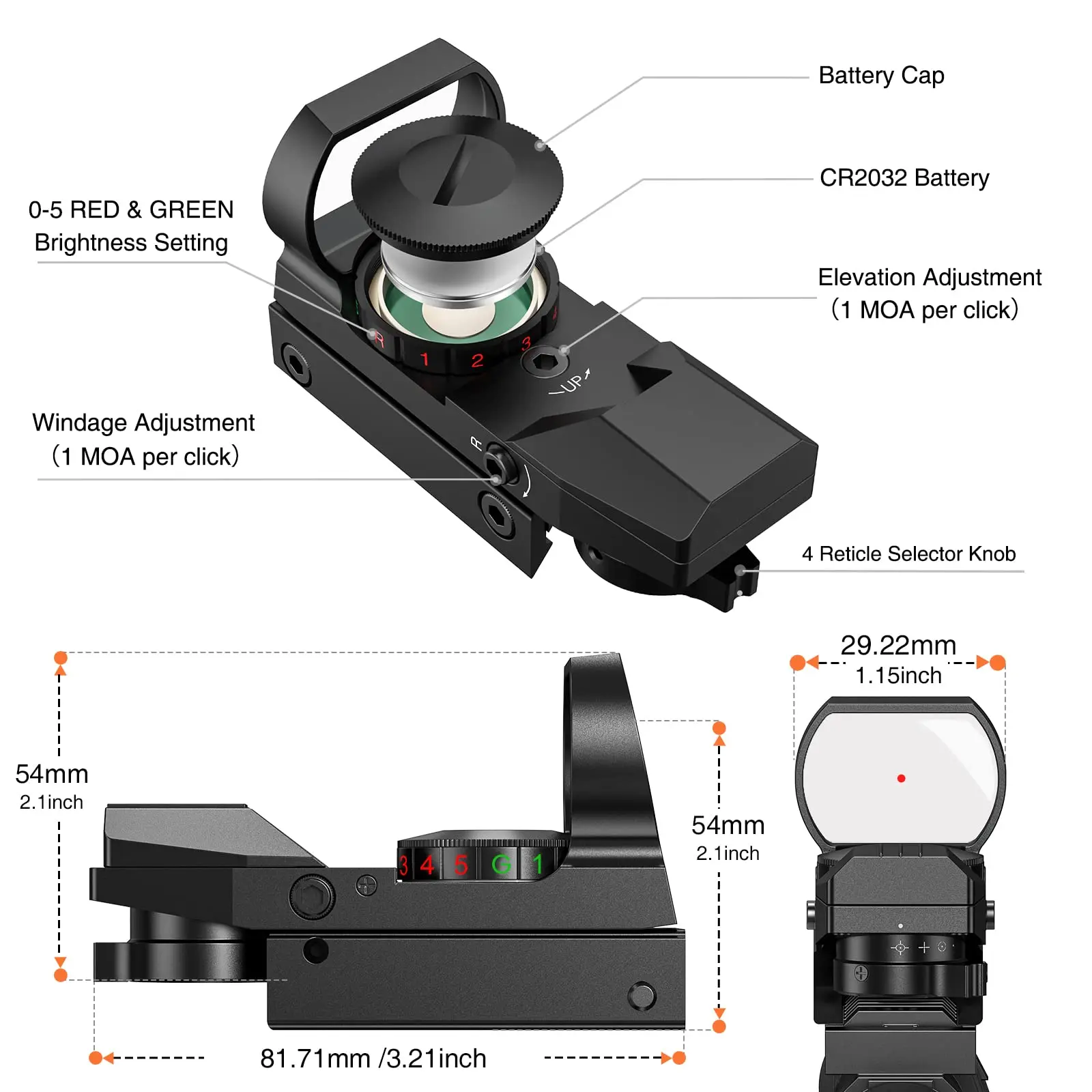 EZshoot Red Gun Scope Reflex Sight Fit with Shotgun Handgun Rifle 4 Adjustable Reticles Holographic Optic 20mm Rail Mount Huntin