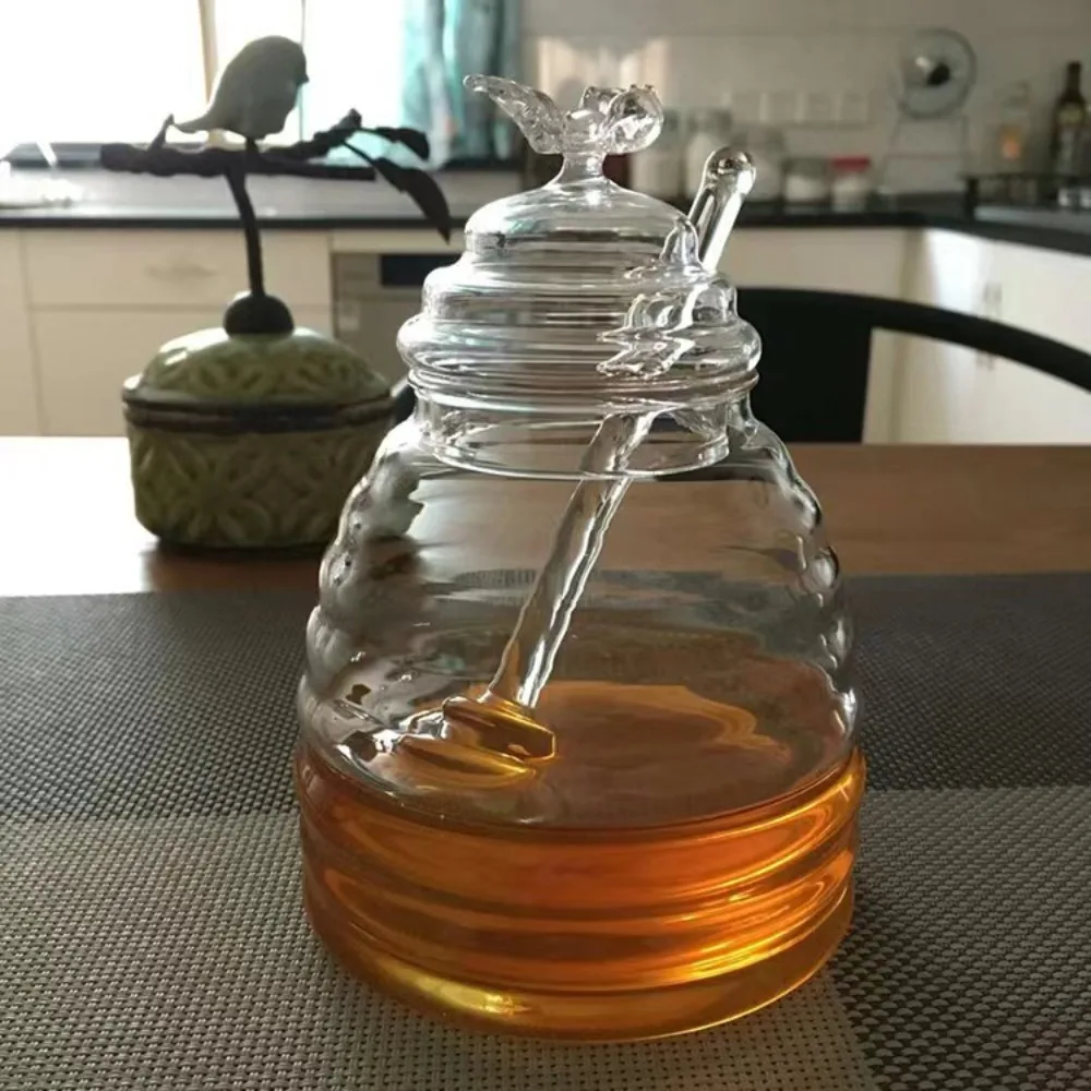 Clear Honey Jar with Dipper and Lid Jam 15oz 8.11 Ounces Honey Containers Holder Glass Honey Storage Tanks Kitchen
