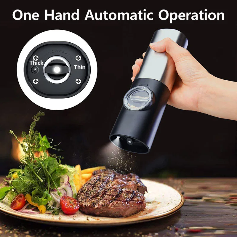 Electric Pepper and Salt Grinder Set Adjustable Coarseness Battery Powered Salt Pepper Mills with LED Light ,One Hand Operation