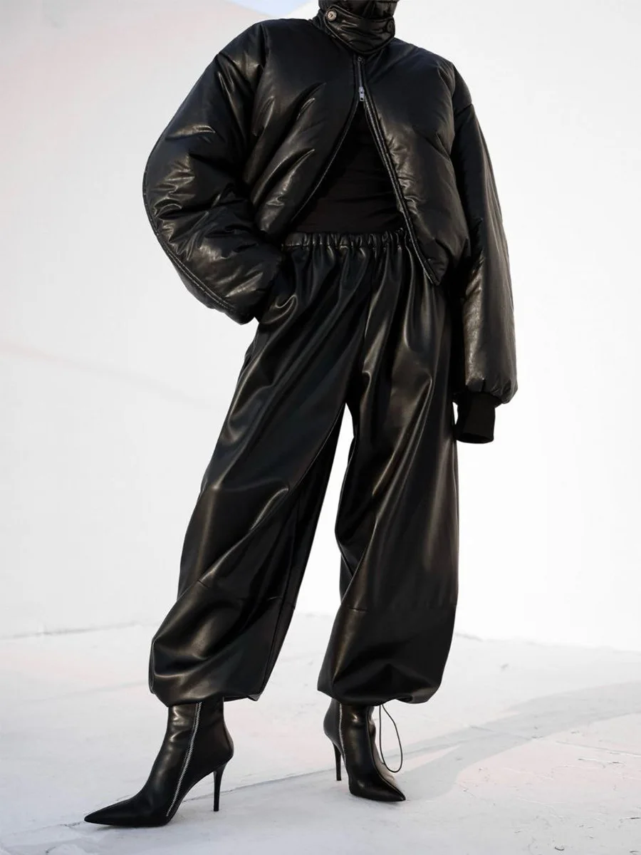 Bornladies Women's New Autumn Winter PU Leather Pants Drawstring Ankle Cuffed Lantern Loose RetroTrousers