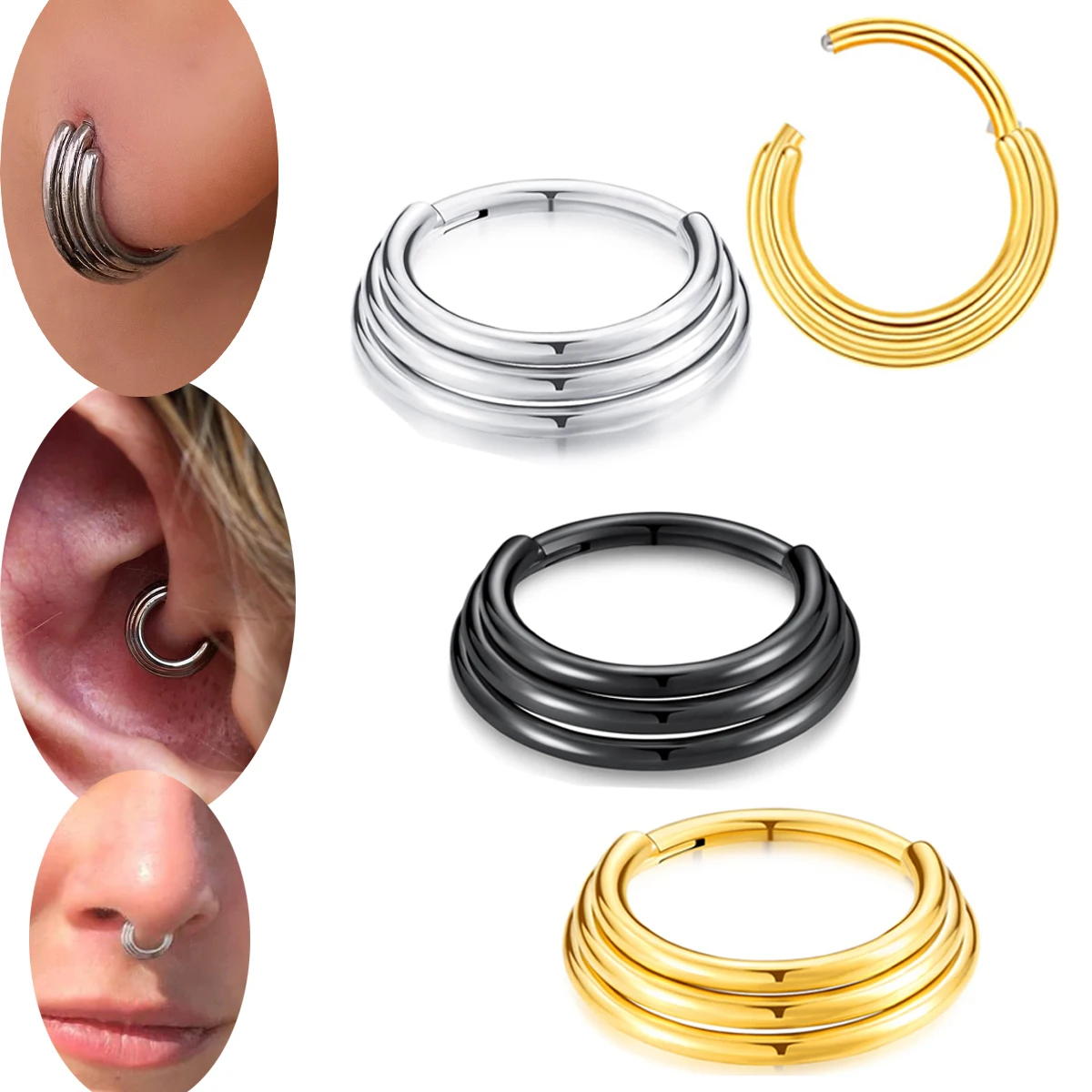 Nose Rings Piercing Jewelry Body Piercing Earrings Ear Piercing Jewelry Metal Jewelry Hoop Earrings Body Piercing Jewelry Body Jewelry Triple Hoops Nose Ring Septum Hoop Hypoallergenic Hinged Conch Daith Helix Ring Hoop Rook Tragus Clicker Cartilage Earrings