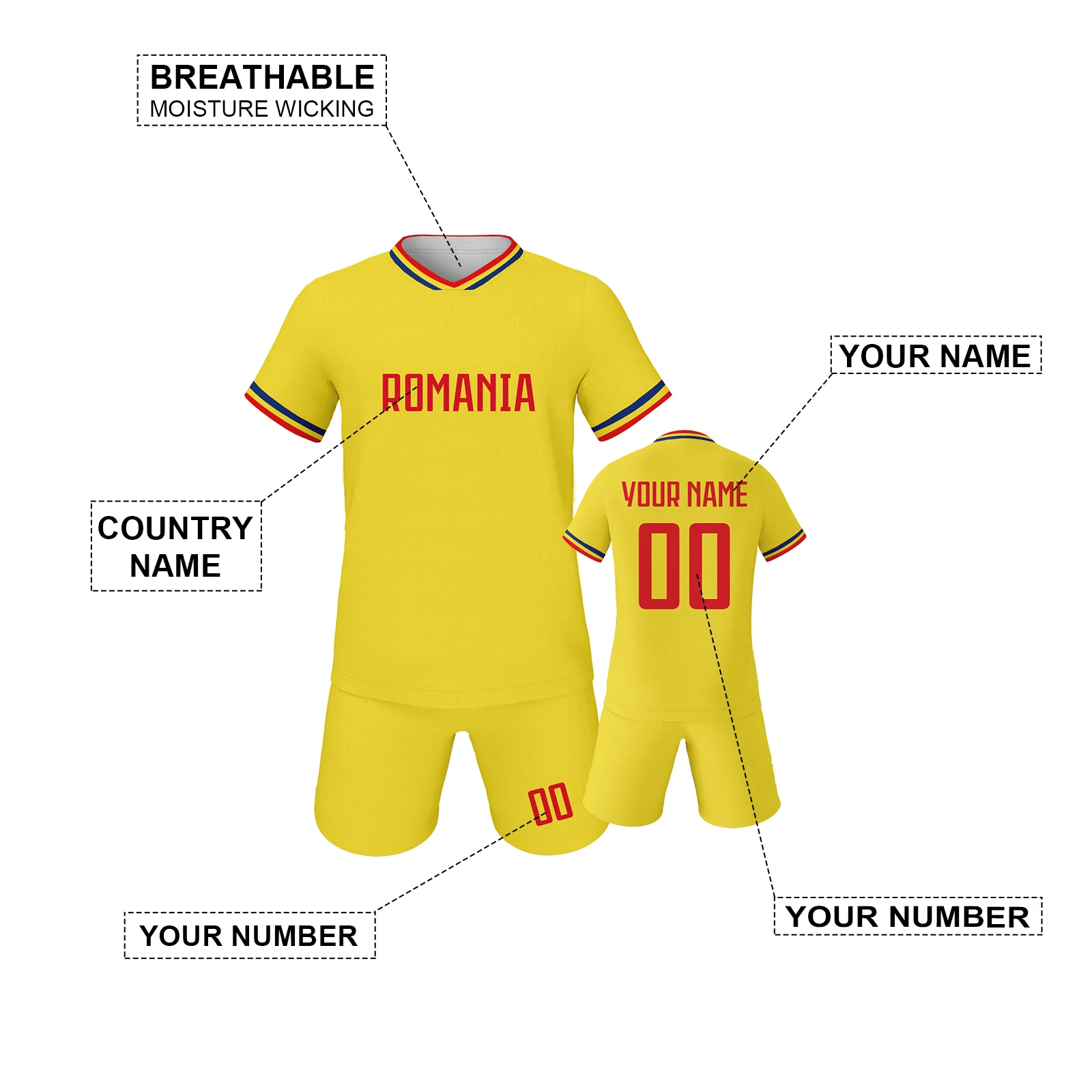 Football Uniform Sports Uniform Sets Romania Kids Soccer Jersey Kit Customize Football Uniform Personalized Name and Number Sublimation Youth Training Tracksuit