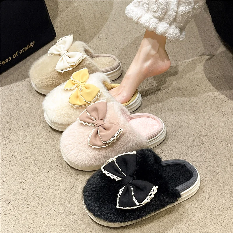 

Домашние тапочки из флока на платформе с бантом-бабочкой, женская зимняя обувь, роскошные массажные шлепанцы средней высоты, дизайнерская плоская обувь, 2023