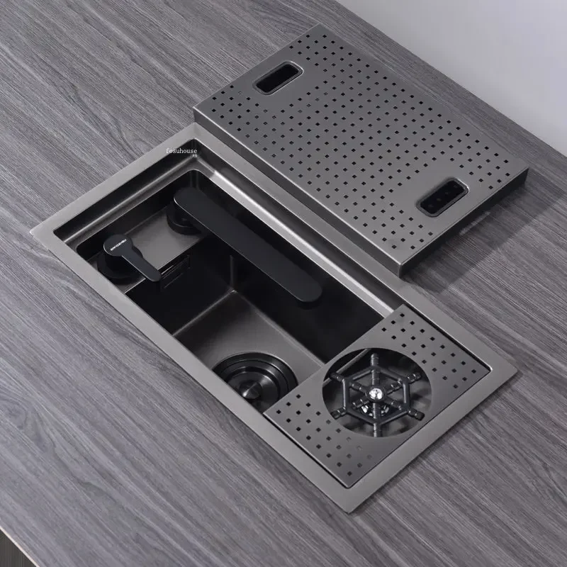 Home Island Bar Mini Small Sink Hidden Stainless Steel Kitchen Sinks Handmade Single-slot with Cup Washer and Vegetable Basin WY 3