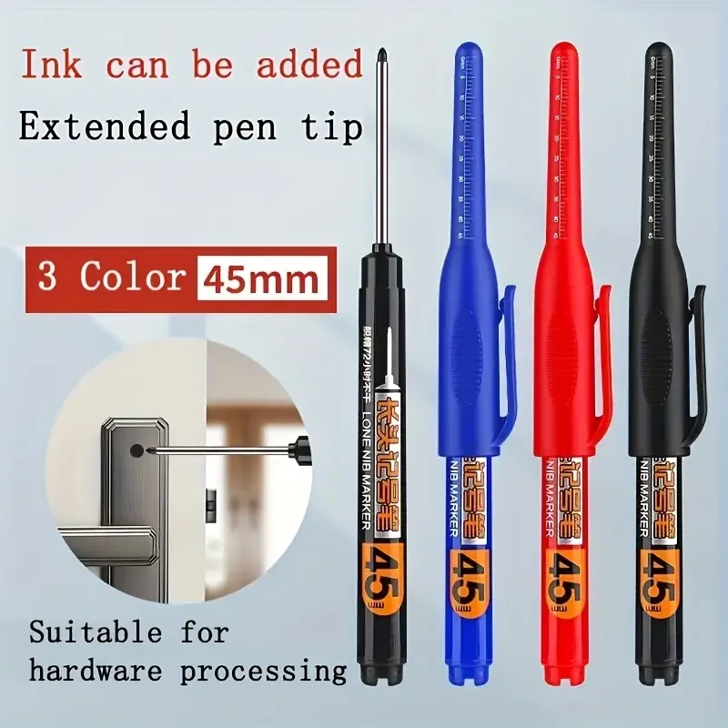 6pcs deep hole marker pens with extended 45mm tips red blue black long nib marking pens for woodworking glass metal ceramic leather multipurpose professional tool for deep hole marking and woodworking decoration deep hole marking pens professional marking pens plastic marker pens marker pens for woodworking details 1