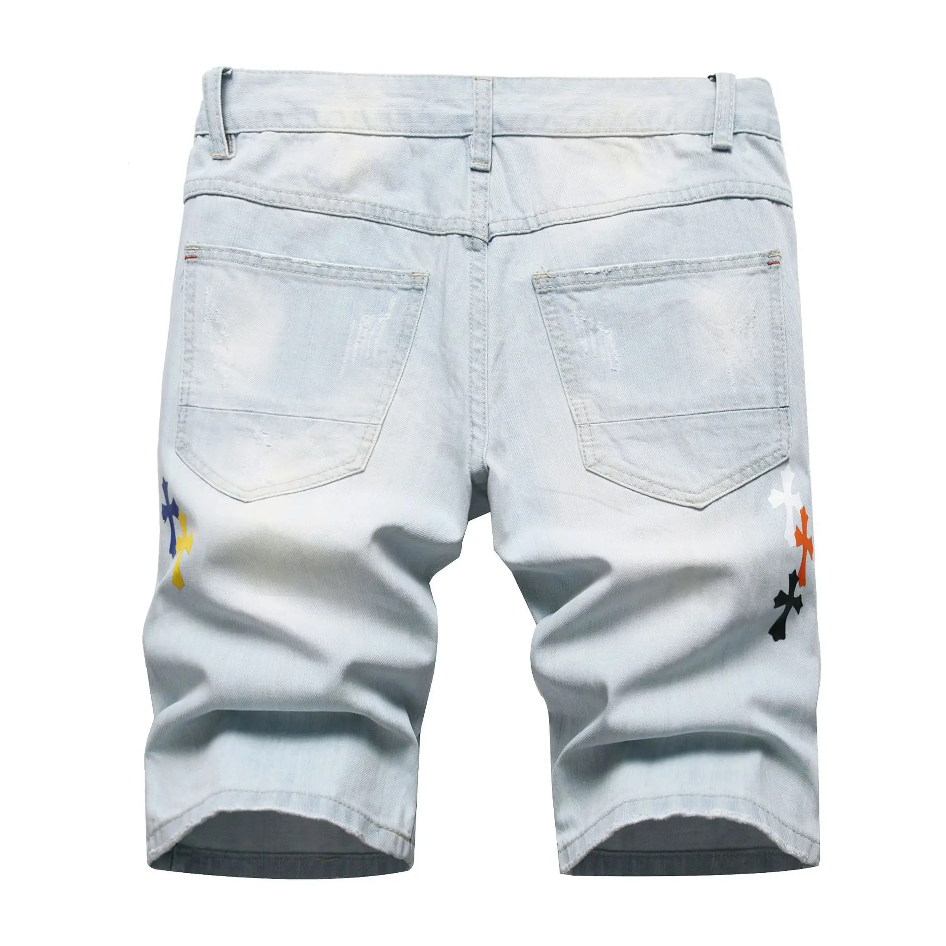 Summer Cross Embroidered Denim Shorts Men Light Blue Pants Holes Splash Ink Printed Straight Trendy Cotton High Street 2024 New