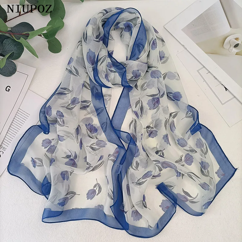 

Magnolia Flower Print Women Elegant Chiffon Georgette Bandana Scarf Summer Beach Sunscreen Thin Hijab Headband Shawl