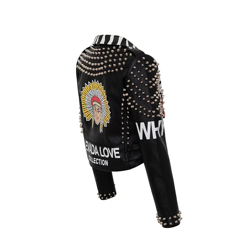 Punk Rivets Cropped Leather Jacket for Women 2024 Trend Streetwear Graffiti Print Contrast Faux Leather Motorcycle Jacket