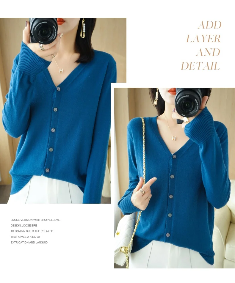 Early Autumn New Andy Cashmere Knit Cardigan V-Neck Solid Color Fashion High-Grade Comfortable Loose Casual Knitwear -GH021