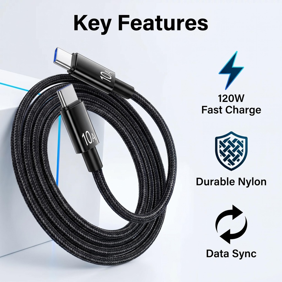  10A 120W PD Super Fast Charging Cable Type-C Nylon Braided Data Transfer Cord for Phone Laptop 