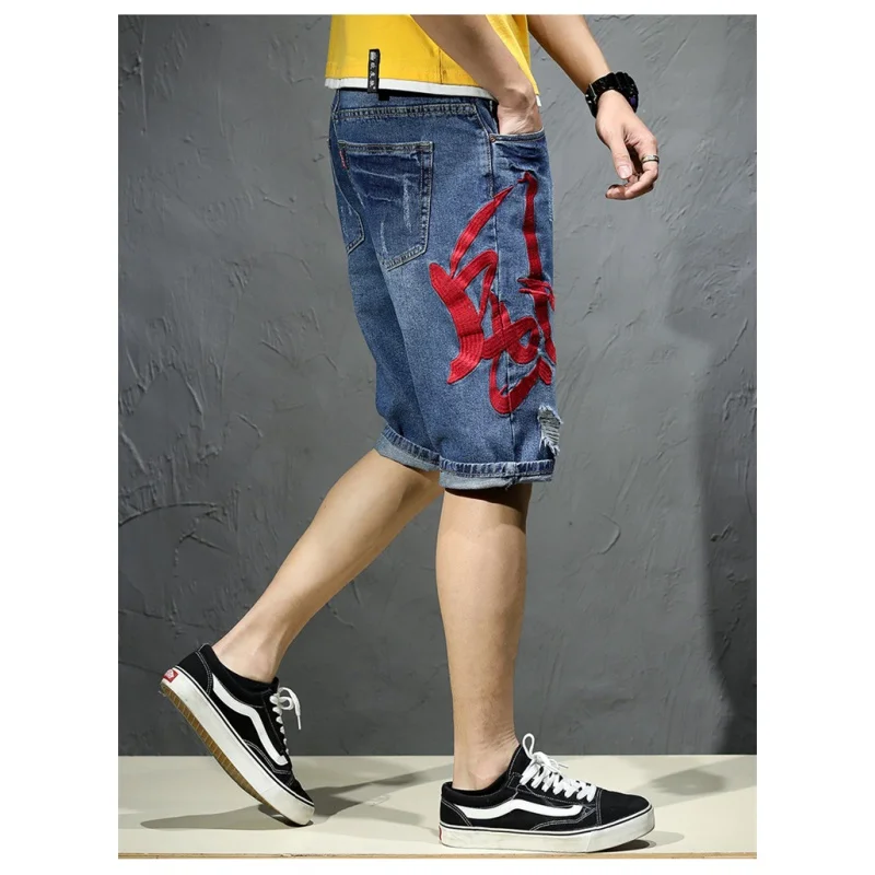 Stitching Embroidery Design Fashion Holes Denim Shorts Men2024New Loose plus Size Summer Cropped Pirate Shorts