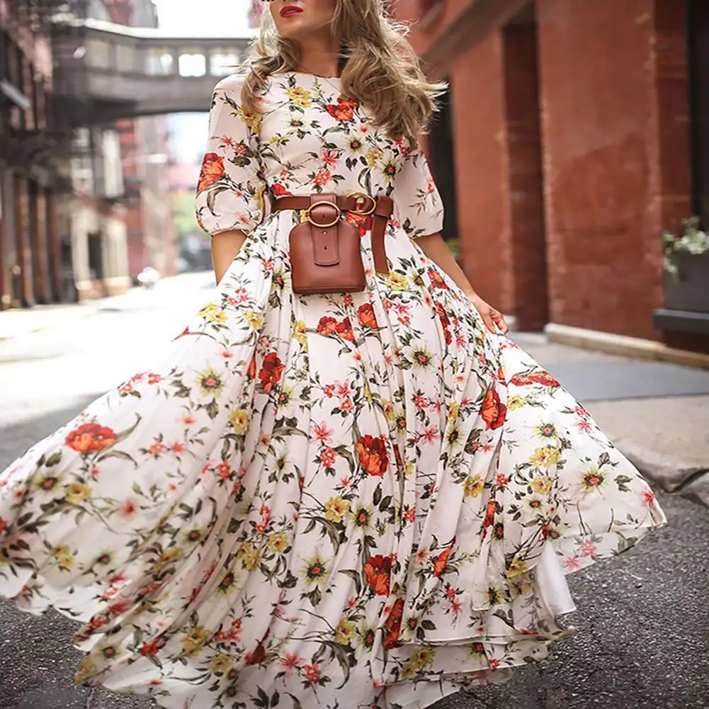 

Spring Women Dress Flower Print A-line Big Swing High Waist Maxi Dress Round Neck Half Sleeve Pleated Evening Dress