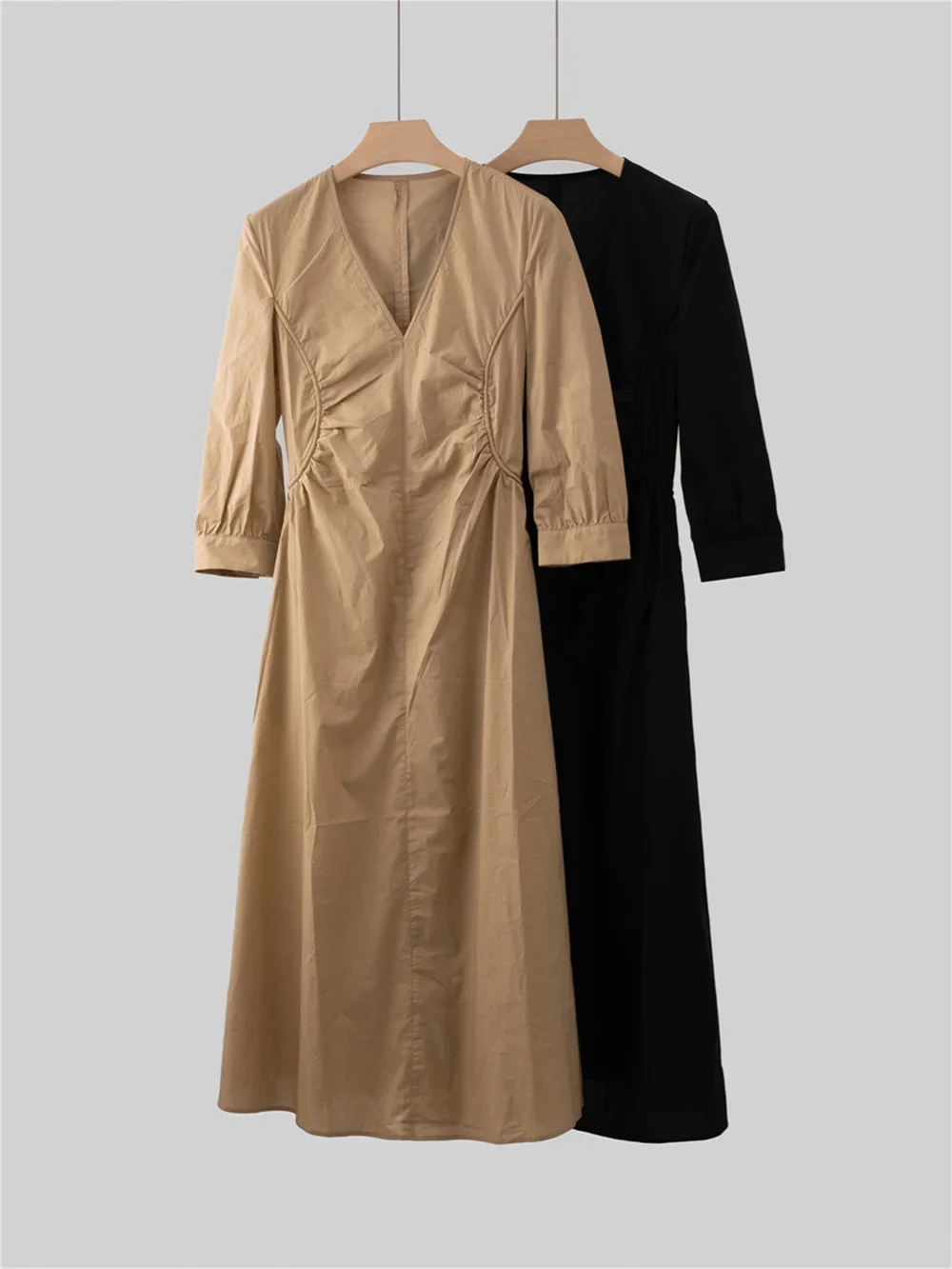

Women's Robes Solid Color V-neck Zipper Casual Spring Summer Cotton Half Sleeve Mid-calf Dress