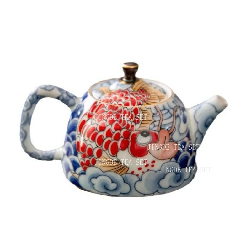 Jingdezhen Ceramic Teapot Tea Set 160ml Japanese Style Blue and White Dragon Fish Teapot Underglaze Colour