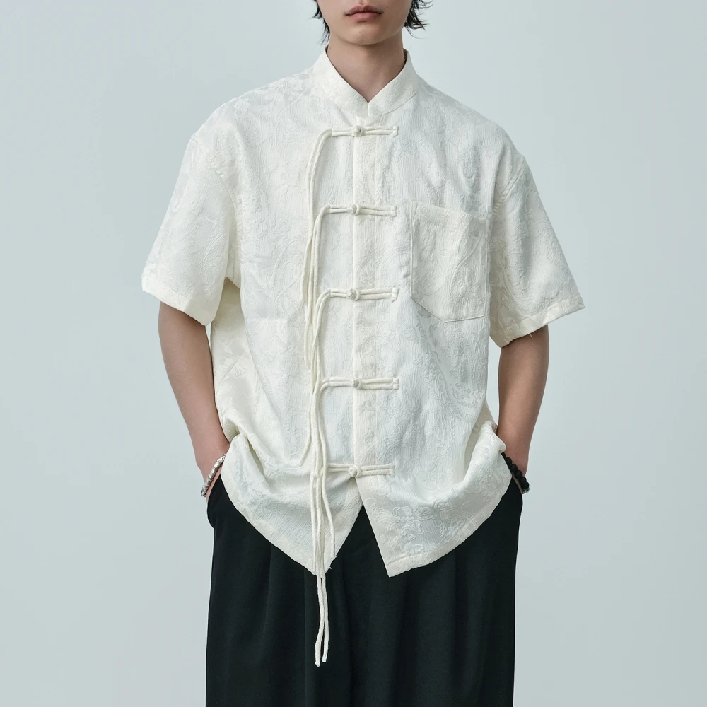 Chinese Style High Quality Vintage Jacquard Short Sleeve Shirts For Men Summer Tai Chi Kung Fu Shirt Ethnic Style Tops Male