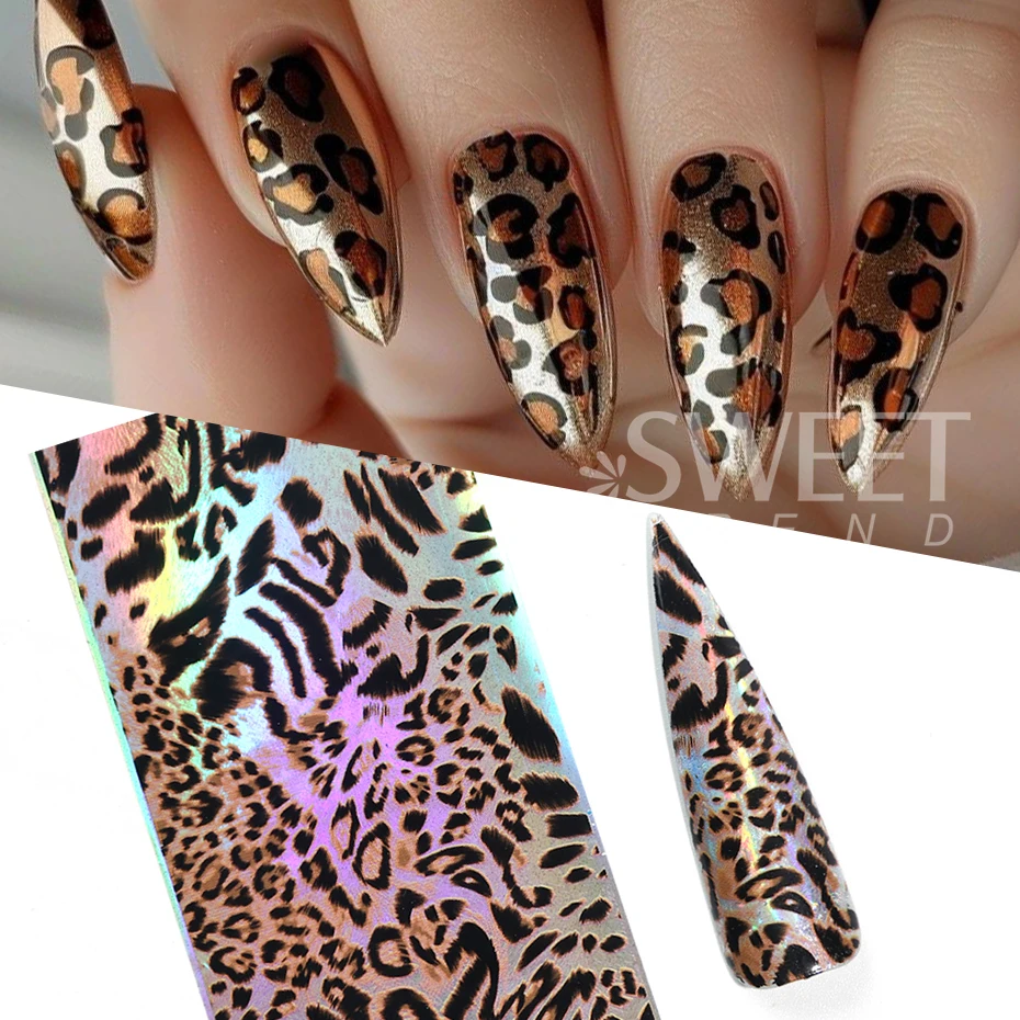 10pcs Laser Leopard Print Nail Transfer Foils Winter New Year Animal Skin Pattern Starry Paper Sticker Sexy Charm Manicure Decal