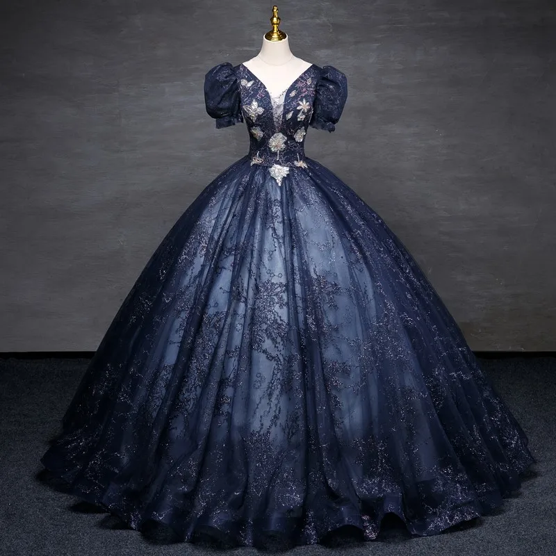 

Luxury Puff Sleeve Quinceanera Dresses Classic V-neck Ball Gown Real Photo Party Dress Shinny Prom Gown Customize Winter New