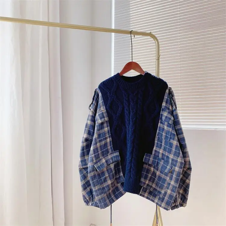 black sweater 2022 Spring Women O-Neck Knitted Patch Sweater Plaid Oversized Loose Style Sweater Casual Women Cardigans Coat christmas sweaters Sweaters