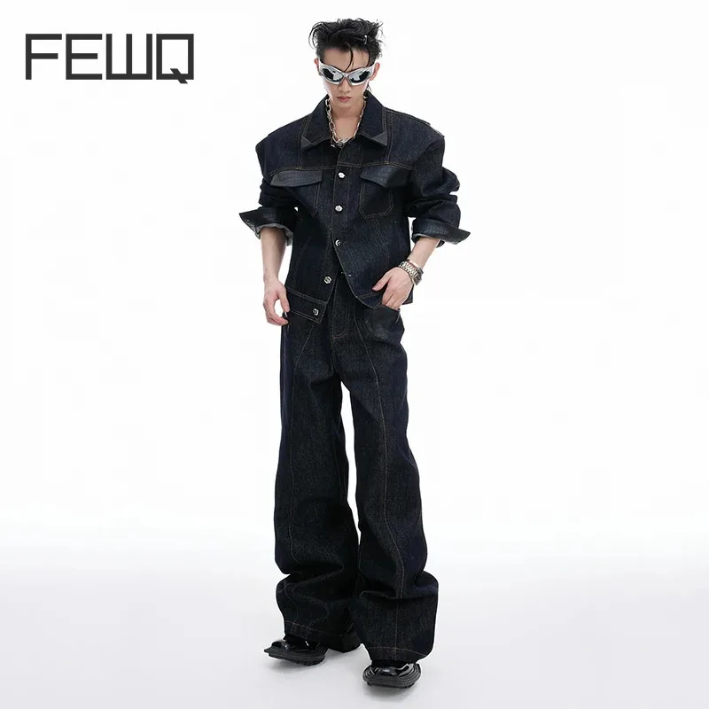 FEWQ Niche Design Men's Denim Sets PU Leather Patchwork Solid Color Lapel Single Breasted Coats Straight Leg Male Jeans 24K5302