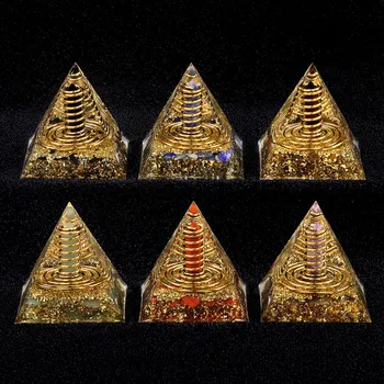 Natural Crystal Energy Generator Pyramid Peridot Gold Sandstone Reiki Healing Resin Pyramid Egyptian Room Decoration 6x6cm 1