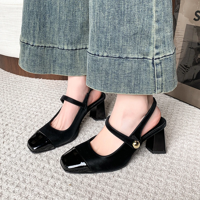 summer new elegant square head half bag ladies fashion narrow band slingback ladies all vintage high-heeled sandals