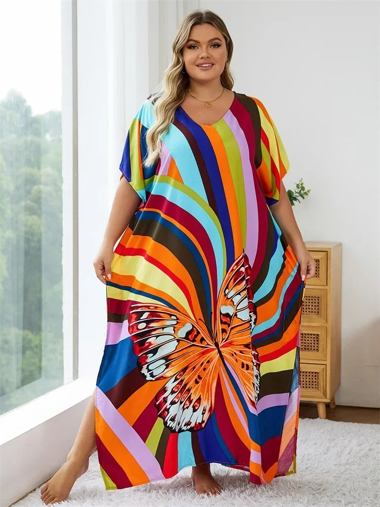 

2024 Women Summer Butterfly Print Loose Kaftan Dresses Plus Size Bathing Suit Cover Up V Neck Side Slit Outfit Maxi Dress Q1564
