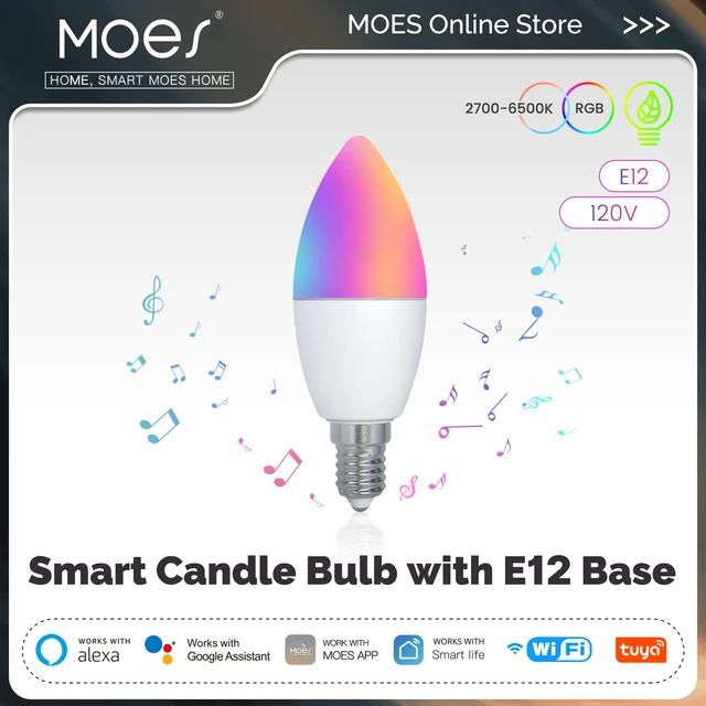 หลอดไฟ LED อัจฉริยะ MOES ขั้ว E12 เชื่อมต่อ WiFi รองรับ Tuya 5W RGBCCT 16 ล้านสี 2700–6500K รองรับการควบคุมด้วยเสียง 1