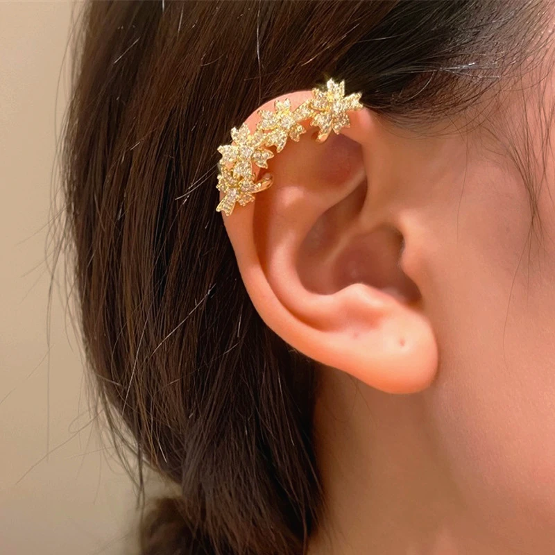 Trendy Sparkling Gold Color Flowers Crystal Ear Cuffs NO Piercing Ear