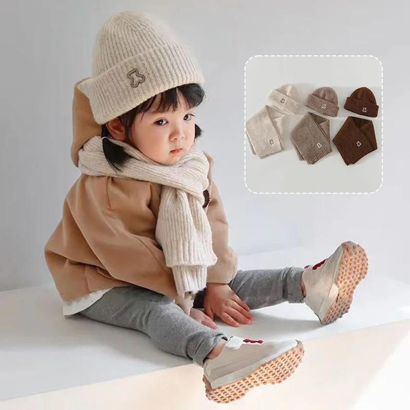 Letter Baby Hat Scarf Set Winter Korean Thick Warm Boy Girl Knit Pullover Hats Neck Cover Outdoor Kids Windproof Neckerchief
