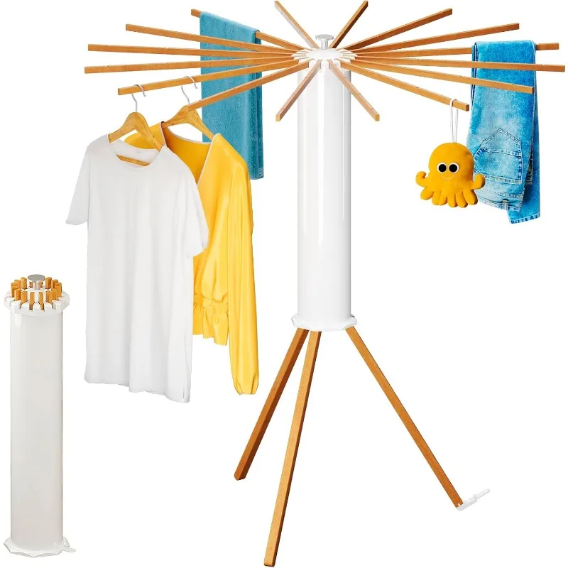 Cylinder Tripod Drying Rack, Octopus Drying Rack Clothing, Space Saving Master, 16 Expandable Rods, Solid Wood, Standing