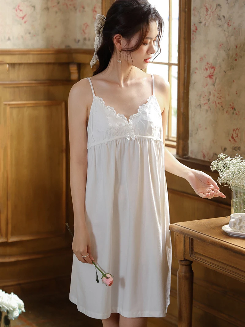 

Женская пижама Camisola, ночная рубашка, летние хлопковые сексуальные кружевные ночные рубашки принцессы, одежда для сна с вышивкой и V-образным вырезом в викторианском стиле