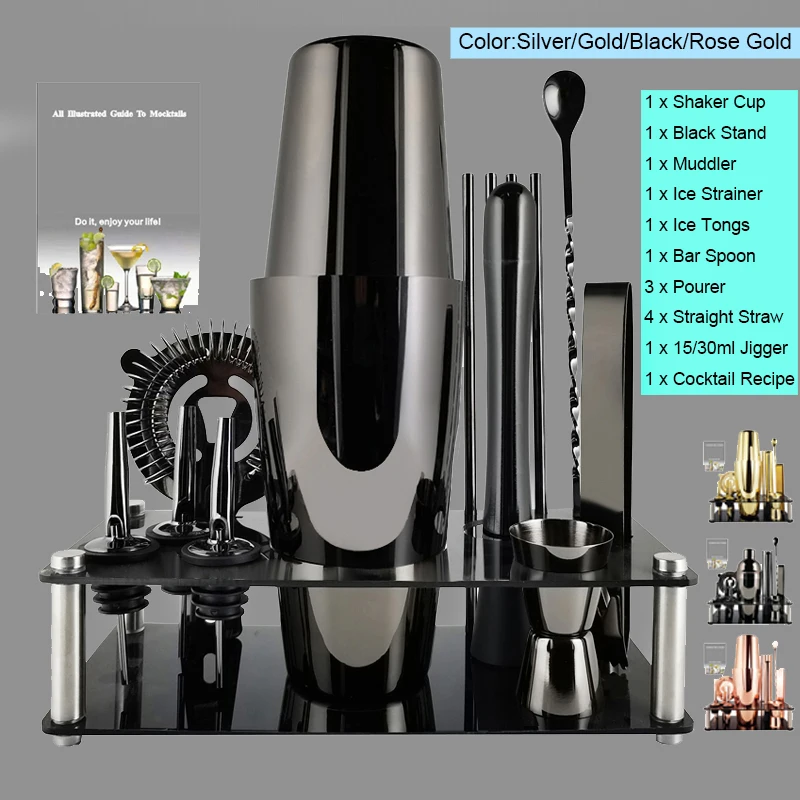 Cocktail Shaker Set 3-12 Pcs 550ml 800/600ml Black Rose Gold Shakers Jigger Mixing Spoon Tong Barware Bartender Tools Wine Rack
