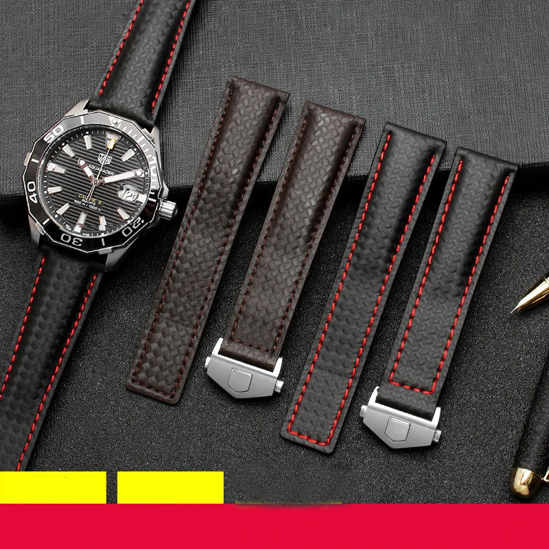 SCHIK Carbon fiber texture genuine leather bottom watchband For TAG wristband black with red line strap 20mm with folding buckle
