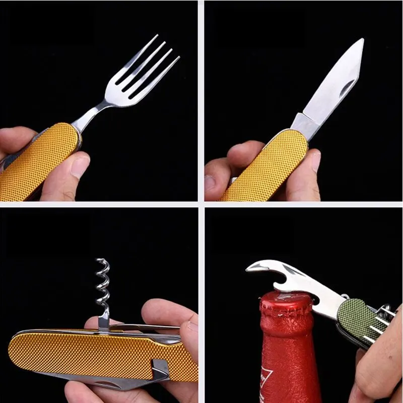 4-In-1 Stainless Steel Tableware Set Foldable Knife Spoon Fork Bottle Opener Outdoor Camping Fruit Knife Folding tableware set