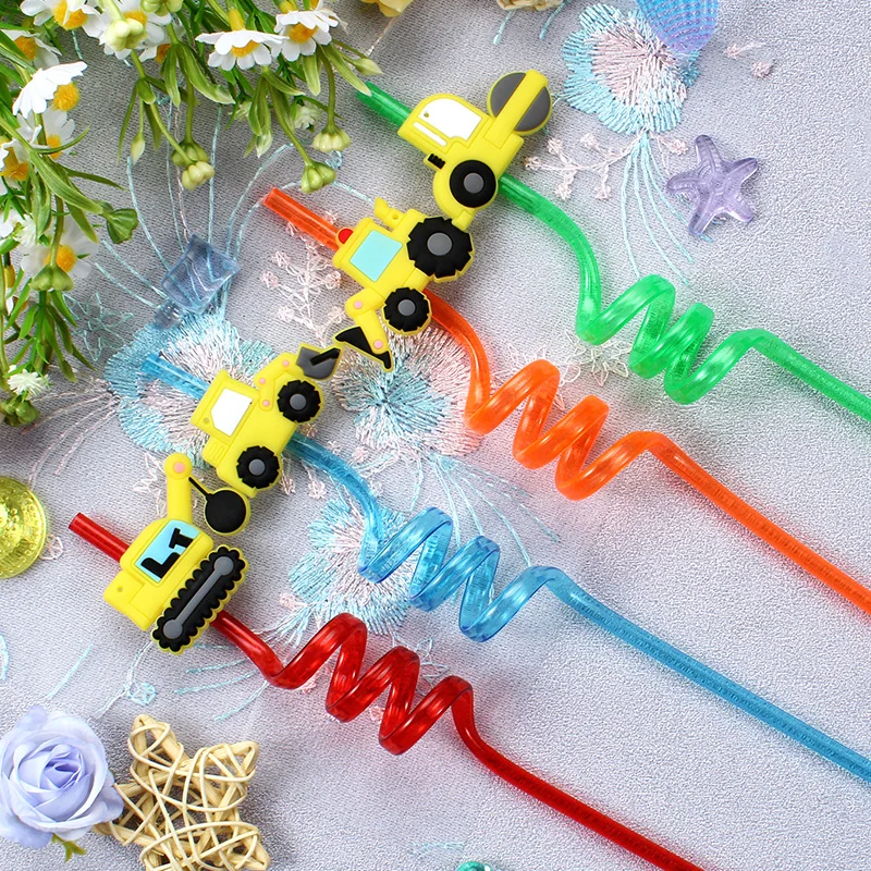 Deluxe Construction Vehicle-Themed Reusable Straw Set - Perfect for Parties & Gatherings, 12-Piece Collection