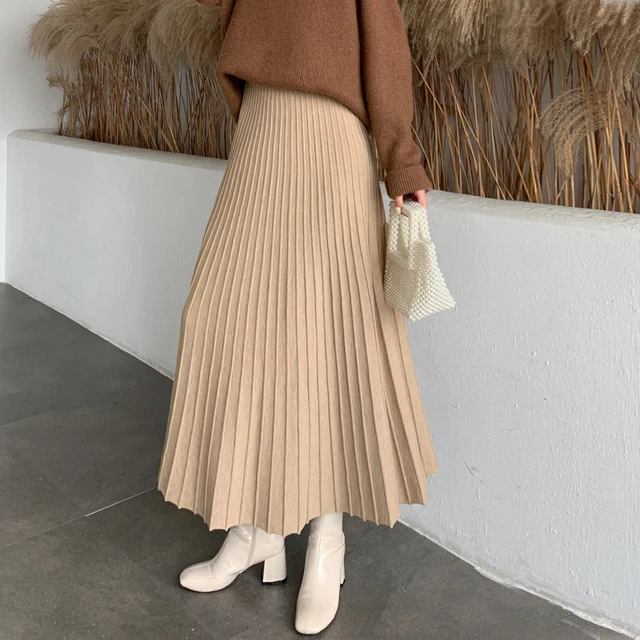 Winter Thickened Rib Knitted Large Swing Maxi Long Skirts