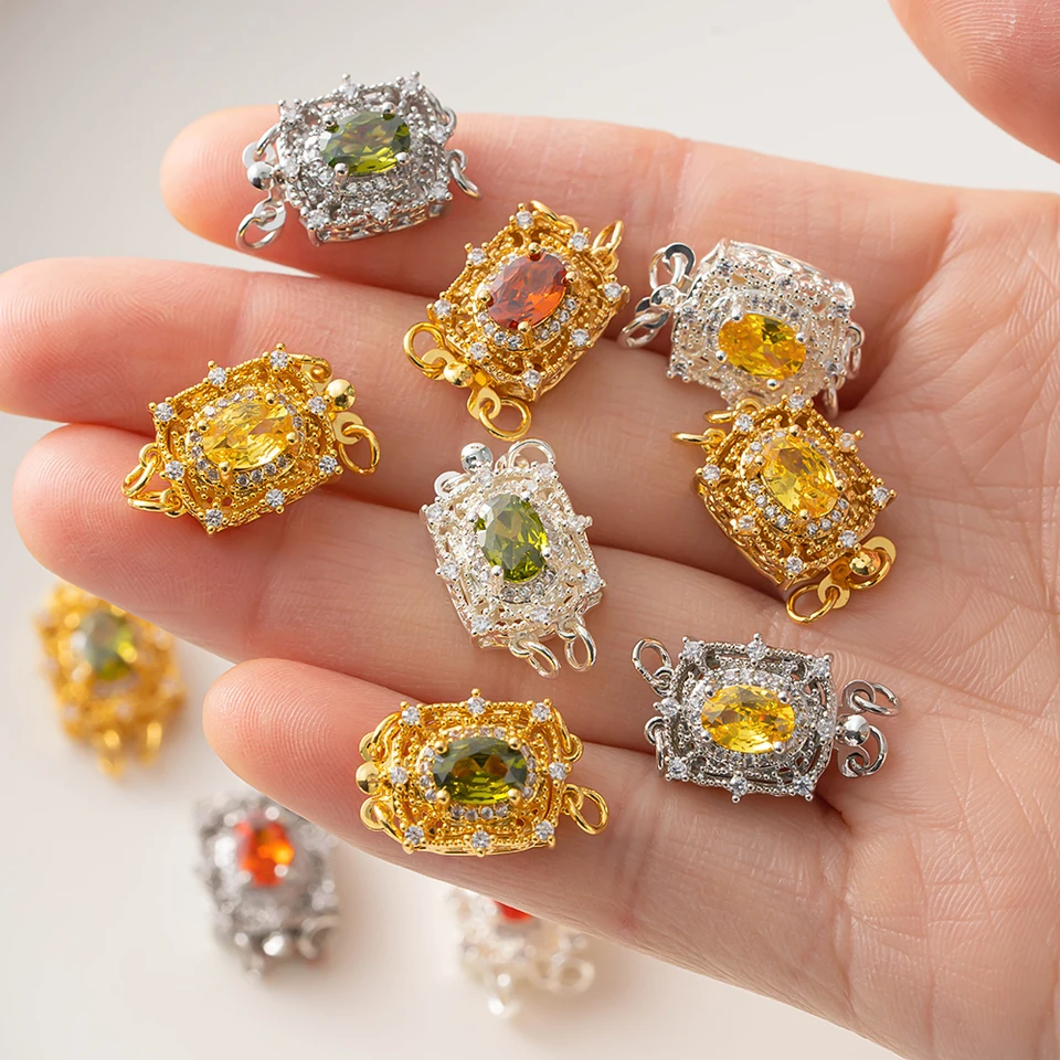 1Pc 18 18K ゴールドメッキ真鍮ジルコン長方形ボックスクラスプ